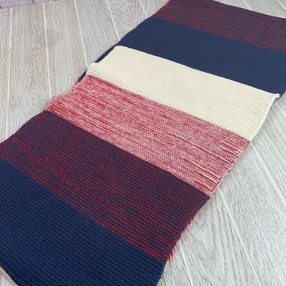 Look.  Knit unisex Red, Blue and Tan Infinity Scarf - Picture 4 of 9